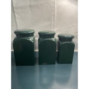 Set Of 3 Vintage Forest Green Cottage Ceramic Canisters With Lids Made In Mexico